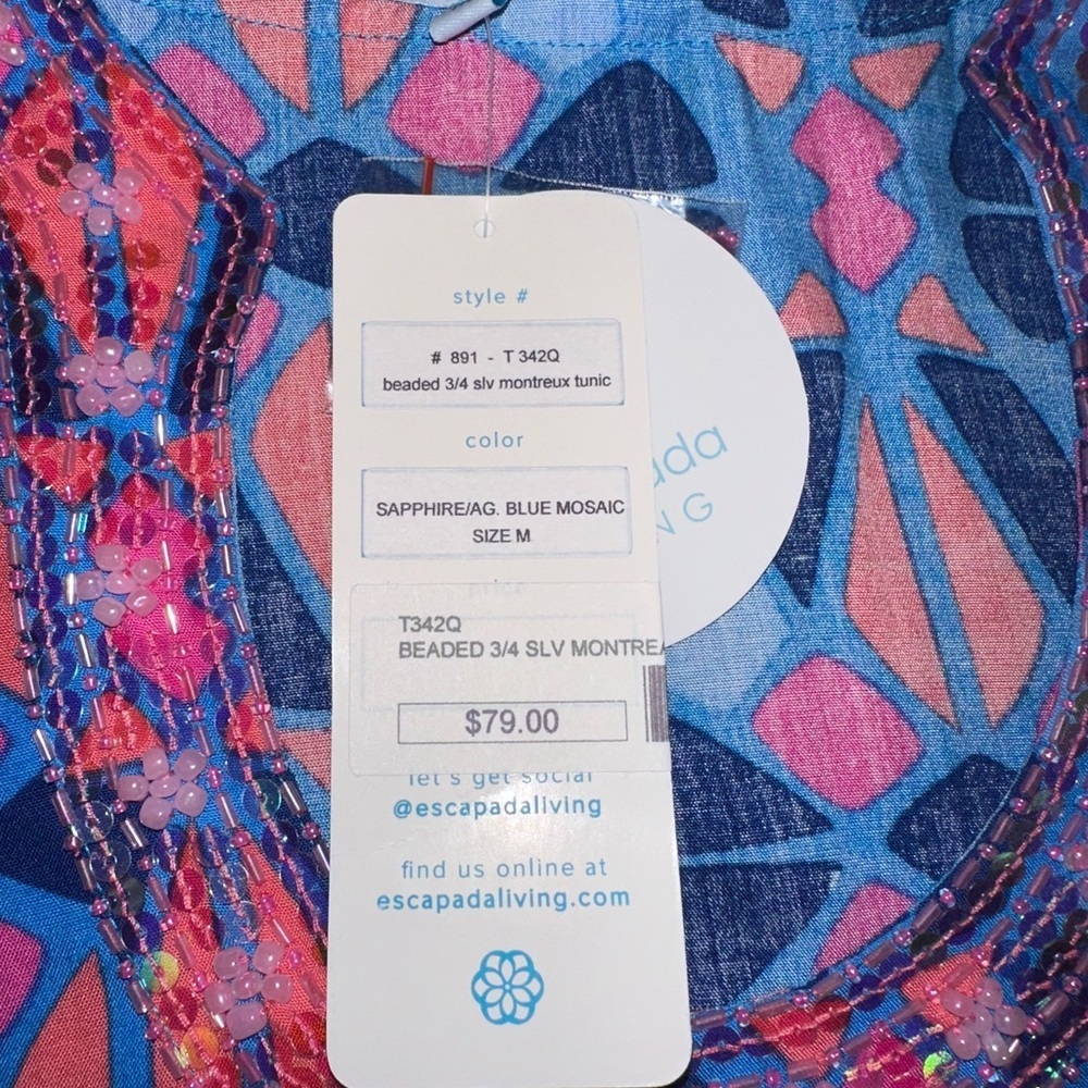 Escapada Living Beaded Blue Mosaic Tunic Coastal Sapphire 3/4 Sleeve Sz Medium - Picture 9 of 11